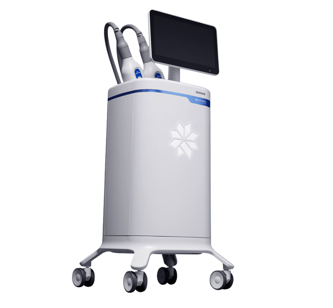 CoolSculpting Elite device on wheels with a screen and various attachments on a white background