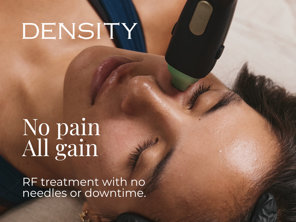 Close-up of a woman lying down with her eyes closed while a handheld facial treatment device is pressed against her forehead. Large text reads 'DENSITY' and 'No pain All gain' with smaller text about RF treatment.