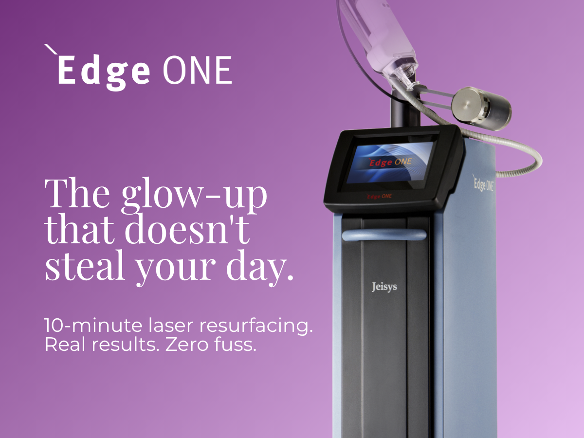 Jelsys Edge ONE laser resurfacing machine on a purple gradient background with promotional text.