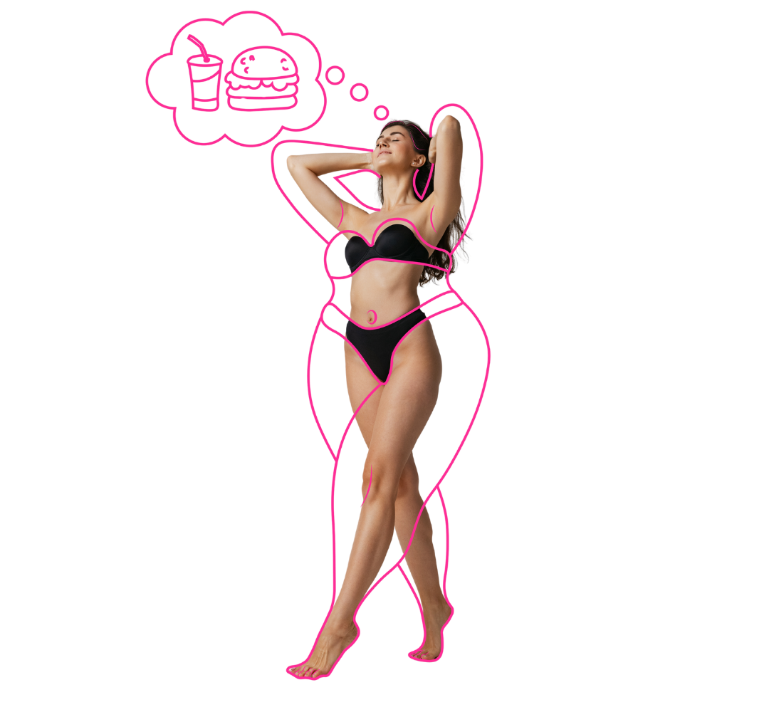 Woman in black bikini with thought bubble containing food items on a white background