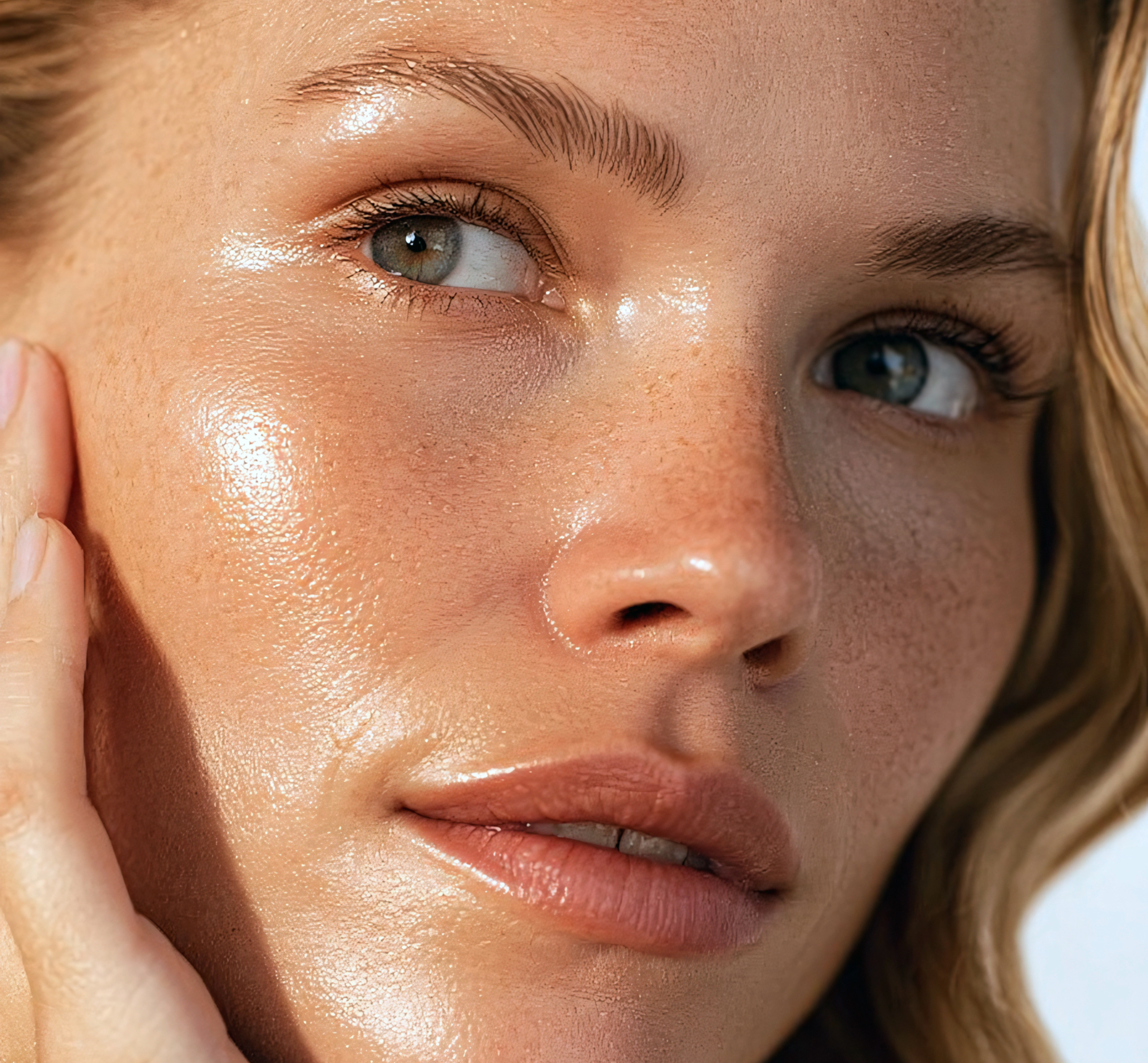 Close-up of a woman's face with a soft focus on her luminous skin texture.