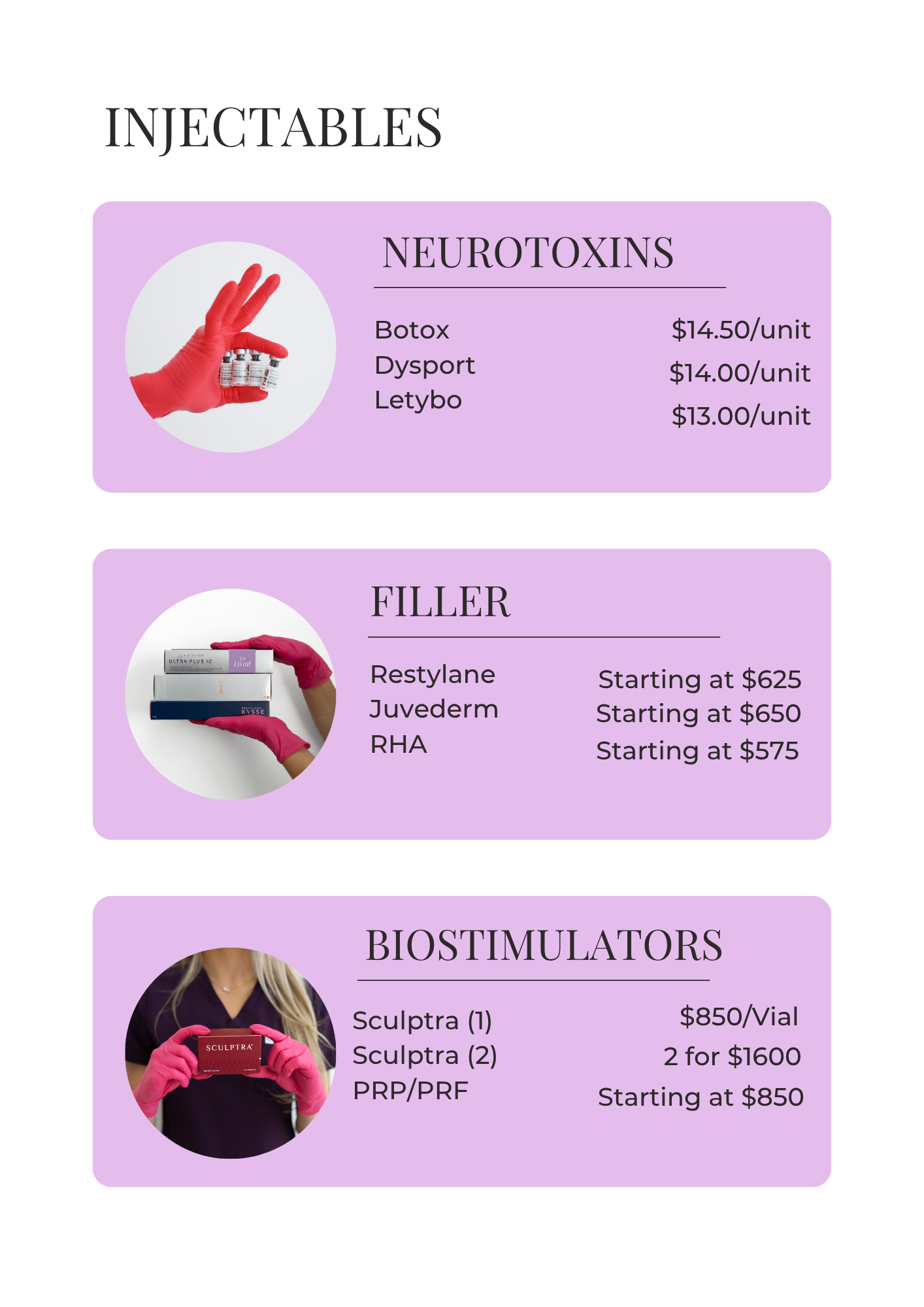 Medical pricing chart for injectables including neurotoxins, fillers, and biostimulators on a purple background.
