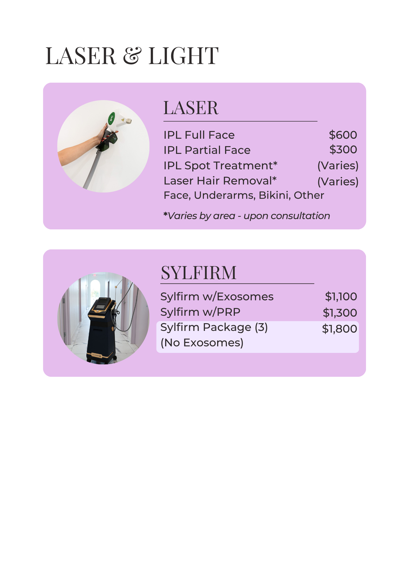 Laser and light treatment pricing card with services and prices listed.