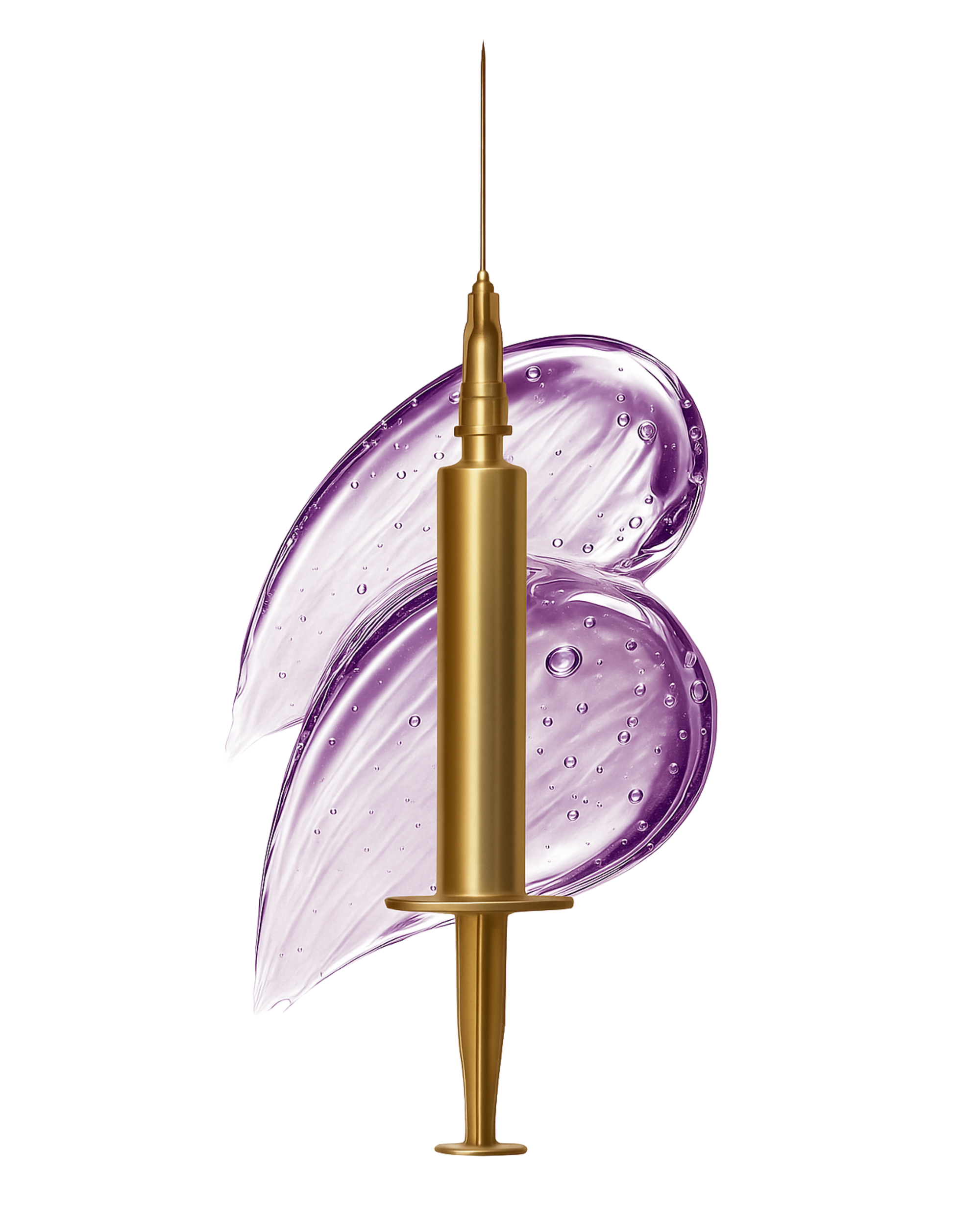 Gold syringe with purple liquid on a white background