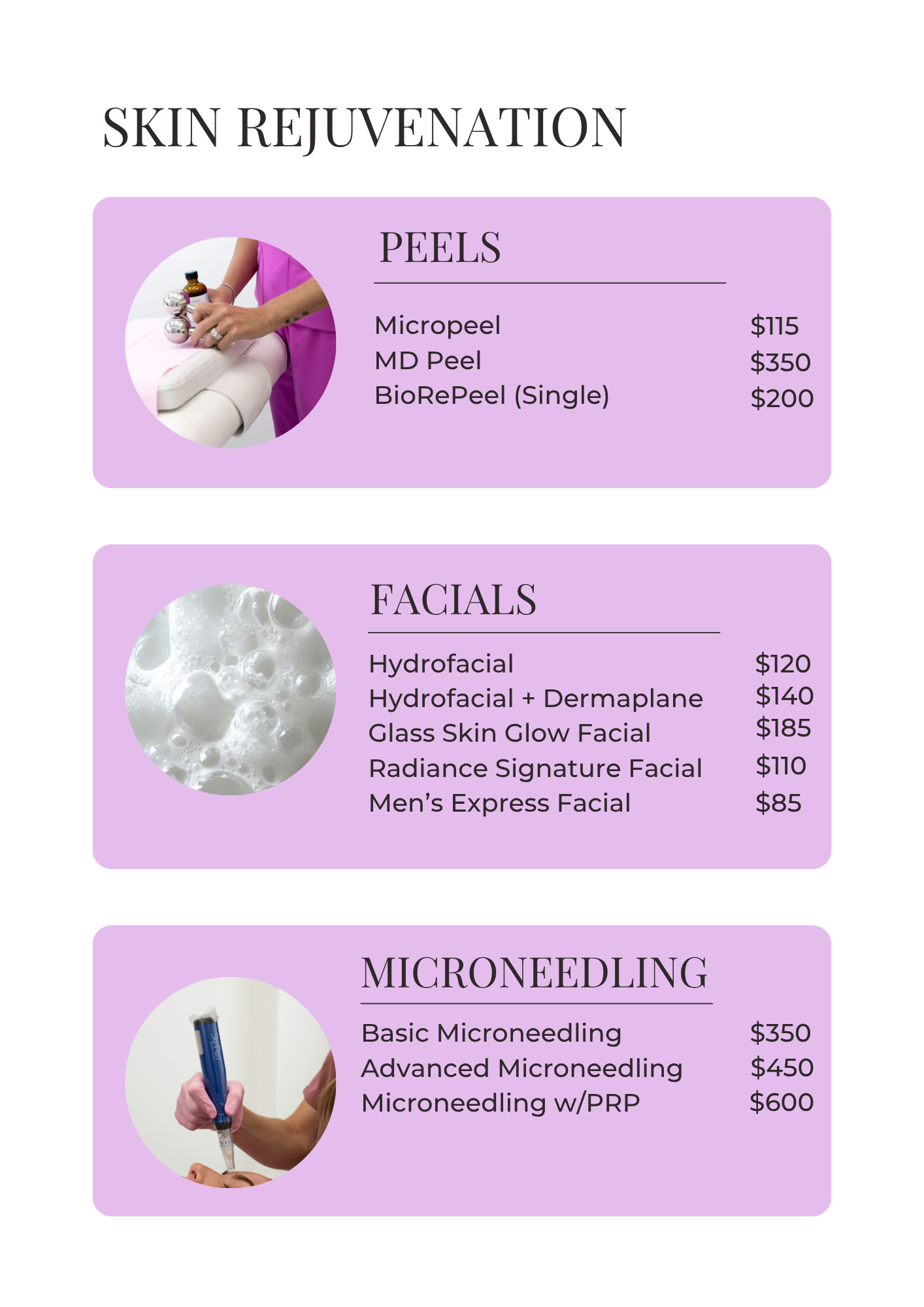 Skincare treatment menu with prices on a white background