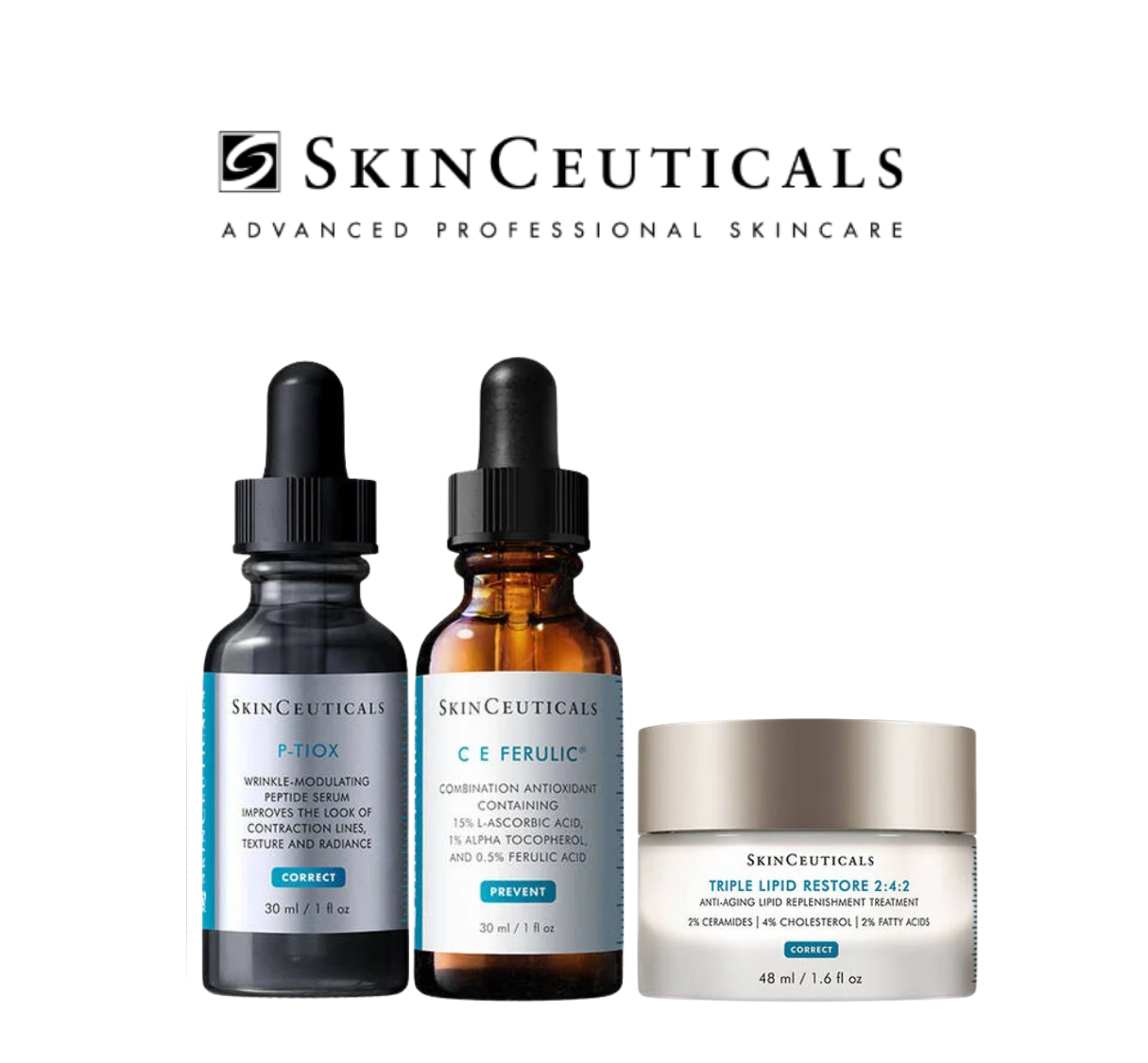 Three SkinCeuticals skincare products on a white background
