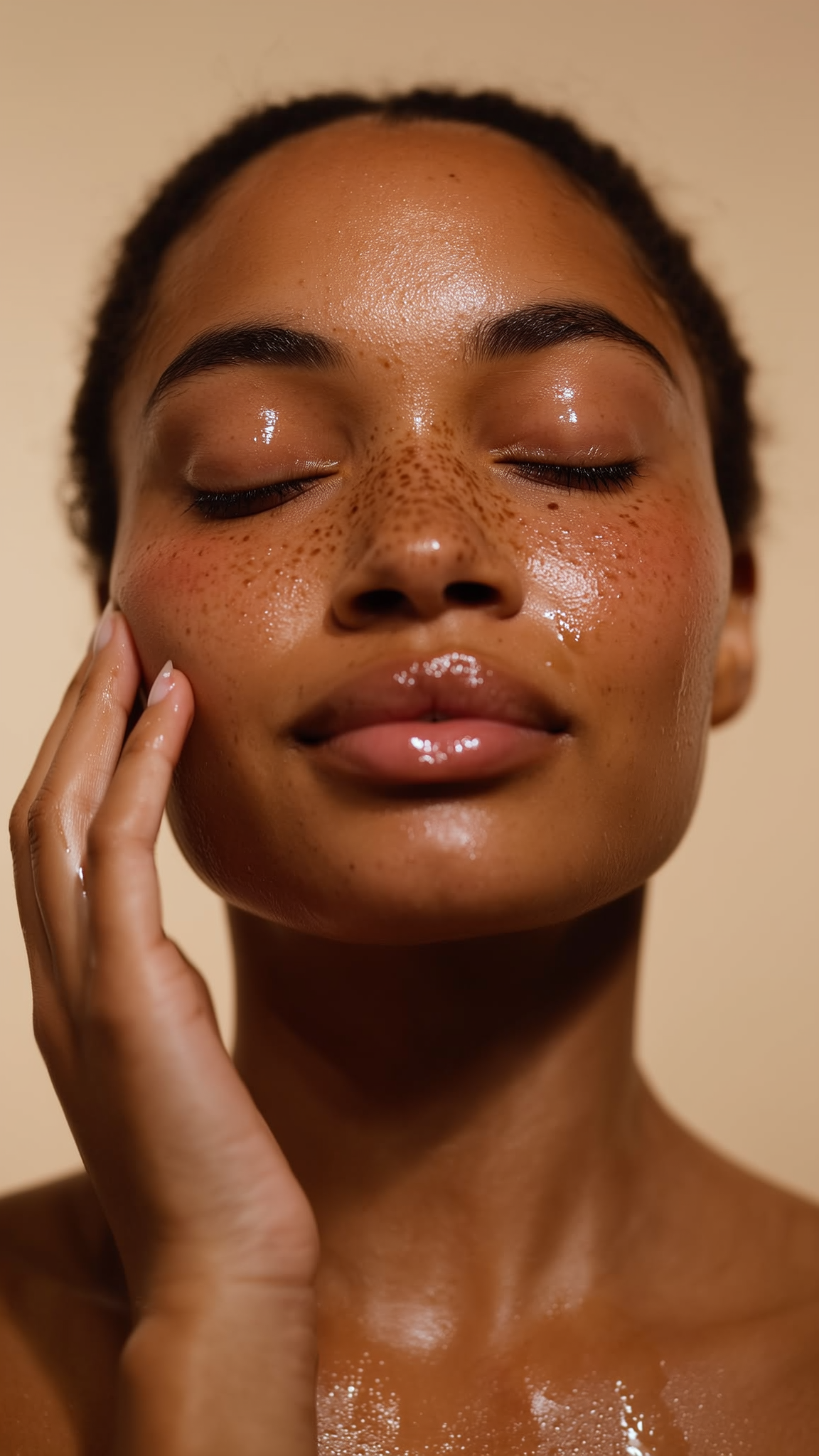 Close-up of a person with a sun-kissed complexion against a neutral background
