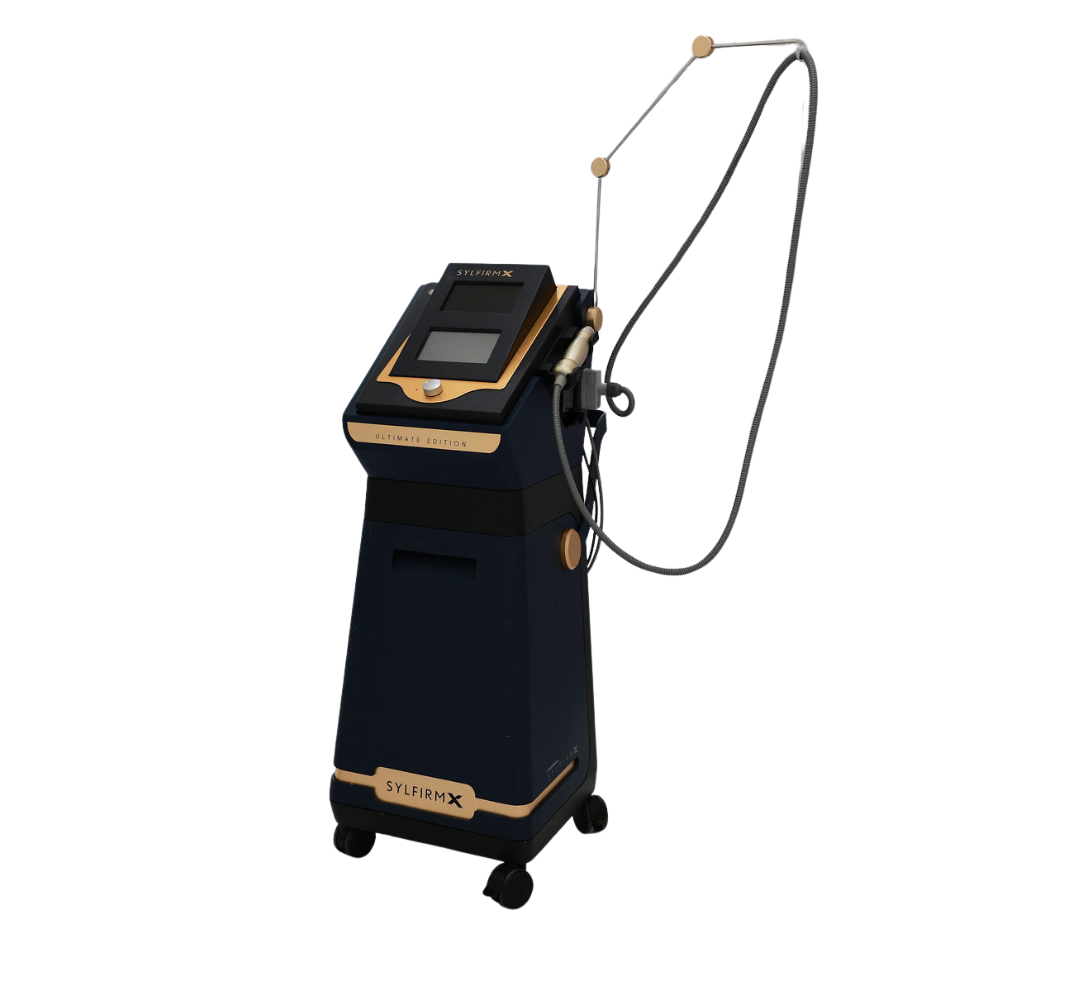 Black and gold medical device with a cable on a white background. Sylfirm X RF Microneedling
